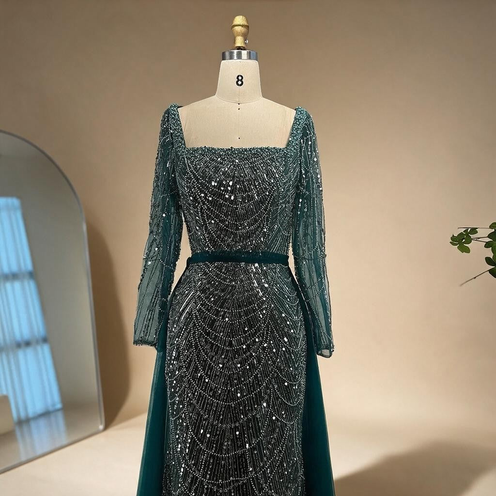 Elegant Dubai Sage Green Mermaid Evening Dress with Cape Sleeves Beaded Formal Gown Zapdress 2025 Customized DLA72160A (ZD17330)