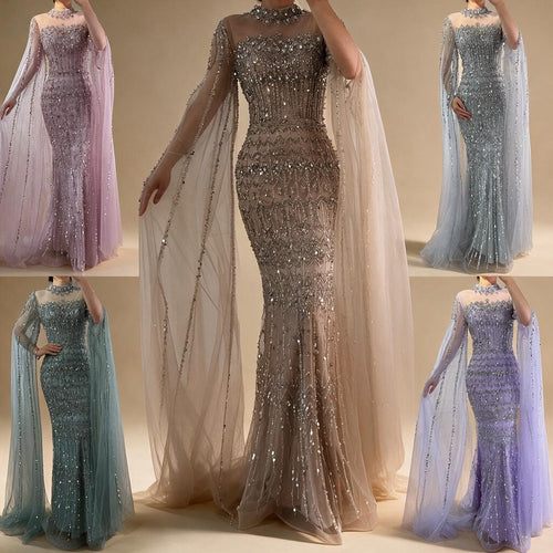 Zapdress Dubai Blue Beaded Evening Dress with Cape Sleeves 2025 Formal Party Gowns for Women DLA72714A Customized (ZD17279)