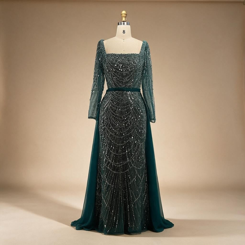 Zapdress Green Square Collar Long Sleeve Mermaid Pearls Beaded Evening Party Gown Overskirt Dress DLA72032N Customized (ZD17342)