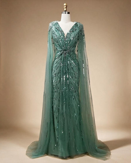Zapdress V-neck Turquoise Beaded Mermaid Evening Dress with Cape Plus Size Party Gowns for Women DLA72168A Customized (ZD17231)