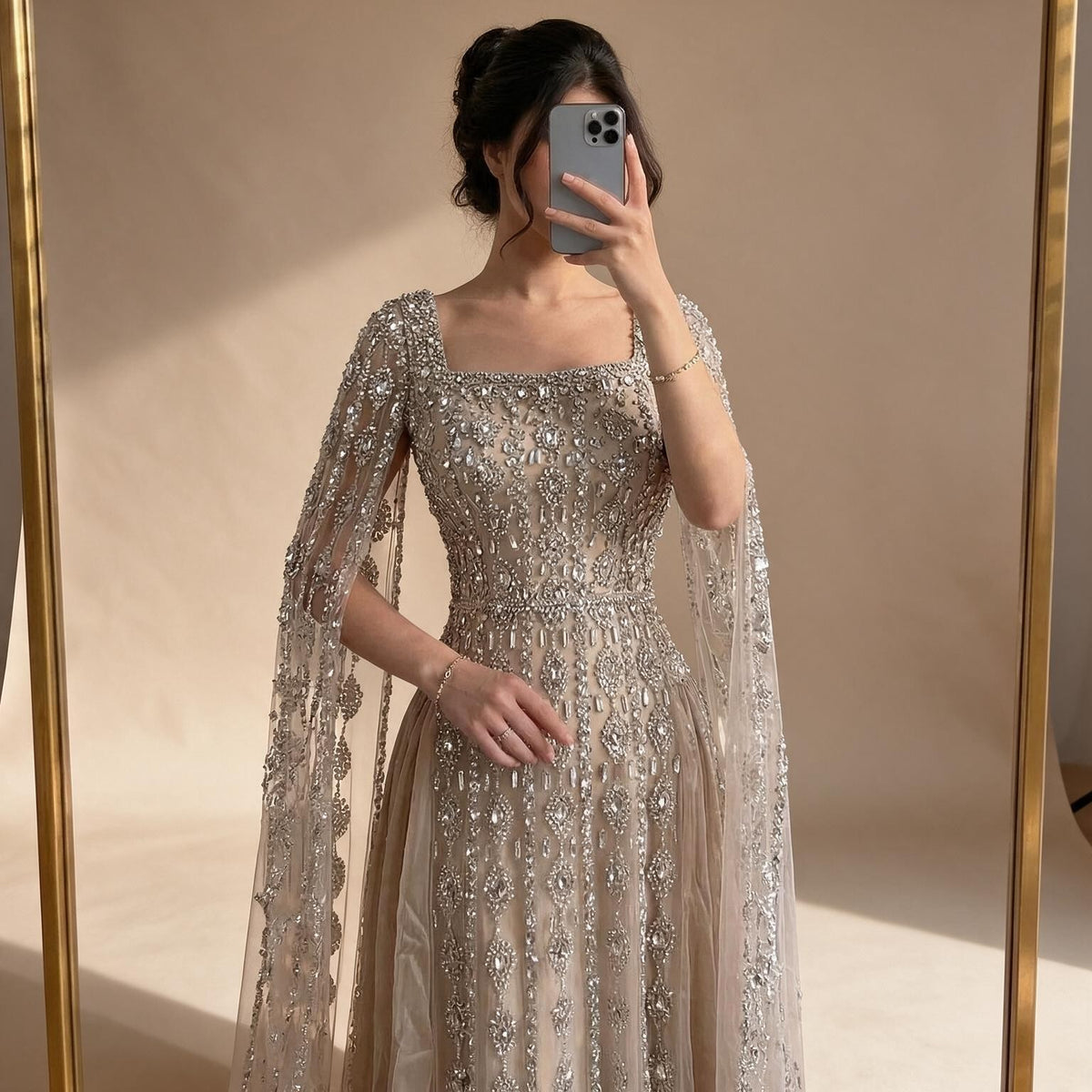 Zapdress Luxury Beaded Evening Gown Elegant Cape Sleeve Square Neck Muslim Wedding Party Dress 2026 DLA73272 Customized (ZD17380)