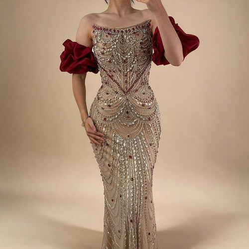 Luxury Beaded Evening Dresses with Elegant Puff Sleeves Pearl Beaded Adorned Design Zapdress DLA72903 Customized (ZD17265)