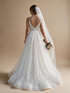 Spaghetti Strap V-Neck Lace Wedding Dress with Leaf Embroidery - view 2