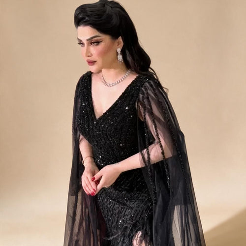 Zapdress Black Mermaid Cape Sleeves Feathers Beaded Evening Dresses Party Gowns with Split for Women DLA72216 Customized (ZD17215)