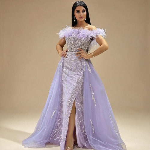 Zapdress Yellow Feathers Beaded Mermaid Evening Dresses with Overskirt Side Slit Party Gowns for Women DLA72061 Customized (ZD17213)