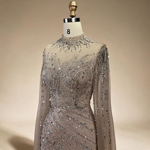 Zapdress Customized Caramel Mermaid Beaded Cape Sleeves Evening Dresses 2024 Dubai Party Gowns for Women Wedding DLA71885A (ZD17280)