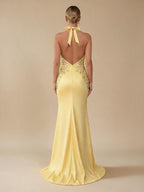 Sheath/Column Deep V Neck Halter Floor Length Prom Dress with Flower Sequin - view 2