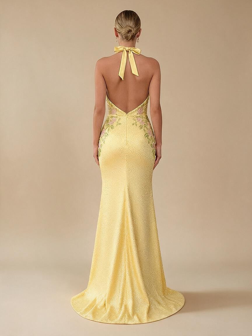 Sheath/Column Deep V Neck Halter Floor Length Prom Dress with Flower Sequin - view 2