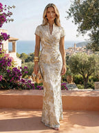 Jacquard Sheath/Column V-Neck Floor-Length Mother of the Bride & Groom Dresses with Ruched Waist - Champagne