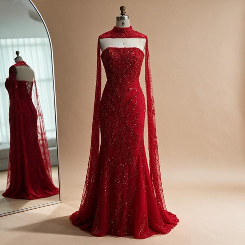 Zapdress Red Mermaid Detachable Cape Sleeves Evening Dresses with Lace Up Back Party Gowns for Women DLA72824 Customized (ZD17177)