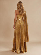 Metallic Satin Pleated One Shoulder Evening Dress Floor-Length Formal Gown - view 2