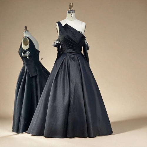 Zapdress 2025 Elegant Black One-Shoulder A Line Beaded Evening Dresses Gowns with Sleeveless For Party DLA72741 Customized (ZD17183)