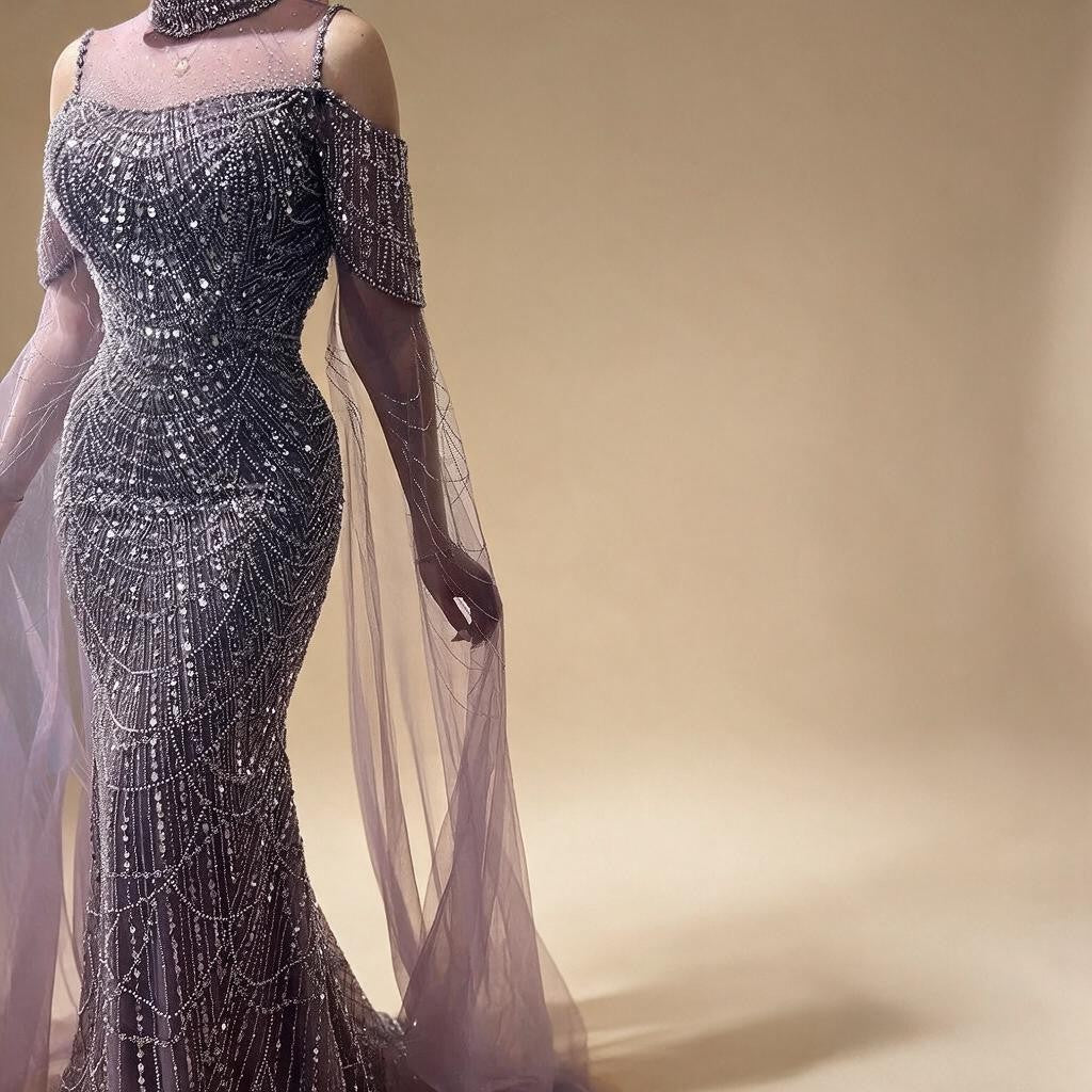Zapdress Dubai Purple Mermaid Cape Sleeves Beaded Long Evening Dress 2025 For Formal Occasion DLA71992 Customized (ZD17372)