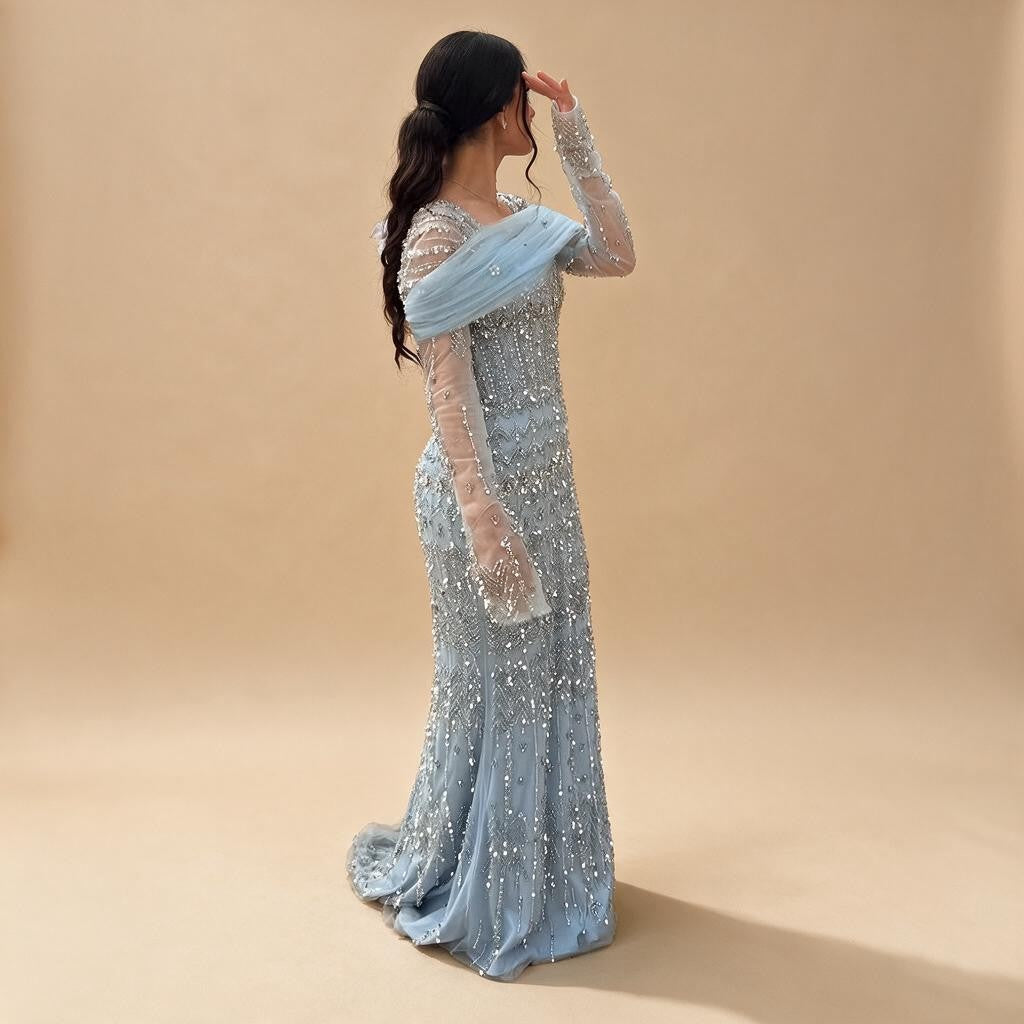 Zapdress Blue Mermaid Beaded Evening Dresses with Detachable Sleeves Elegant Party Gowns for Women DLA72714 Customized (ZD17361)