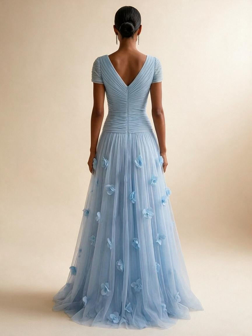Light Blue Short-Sleeve Tulle Gown Evening Dress with 3D Flower V Neck Pleat Maxi Dress - view 2