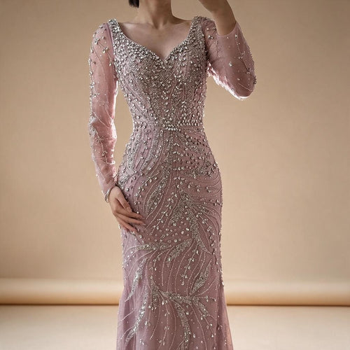 Zapdress Pink V-neck Long Sleeves Mermaid Luxury Beaded Evening Dress 2026 Wedding Party Gowns DLA73191 Customized (ZD17300)