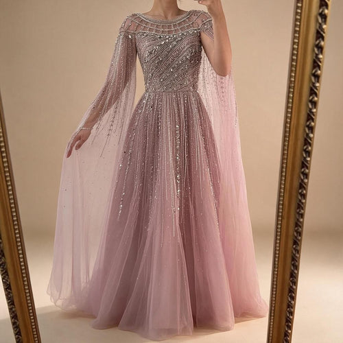 Zapdress Pink A-line Evening Dress with Cape Sleeves Beaded Wedding Party Gowns for Women DLA72994 Customized (ZD17258)