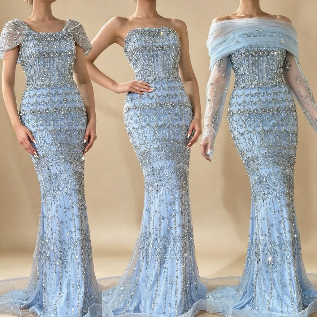 Zapdress Blue Mermaid Beaded Evening Dresses with Detachable Sleeves Elegant Party Gowns for Women DLA72714 Customized (ZD17361)