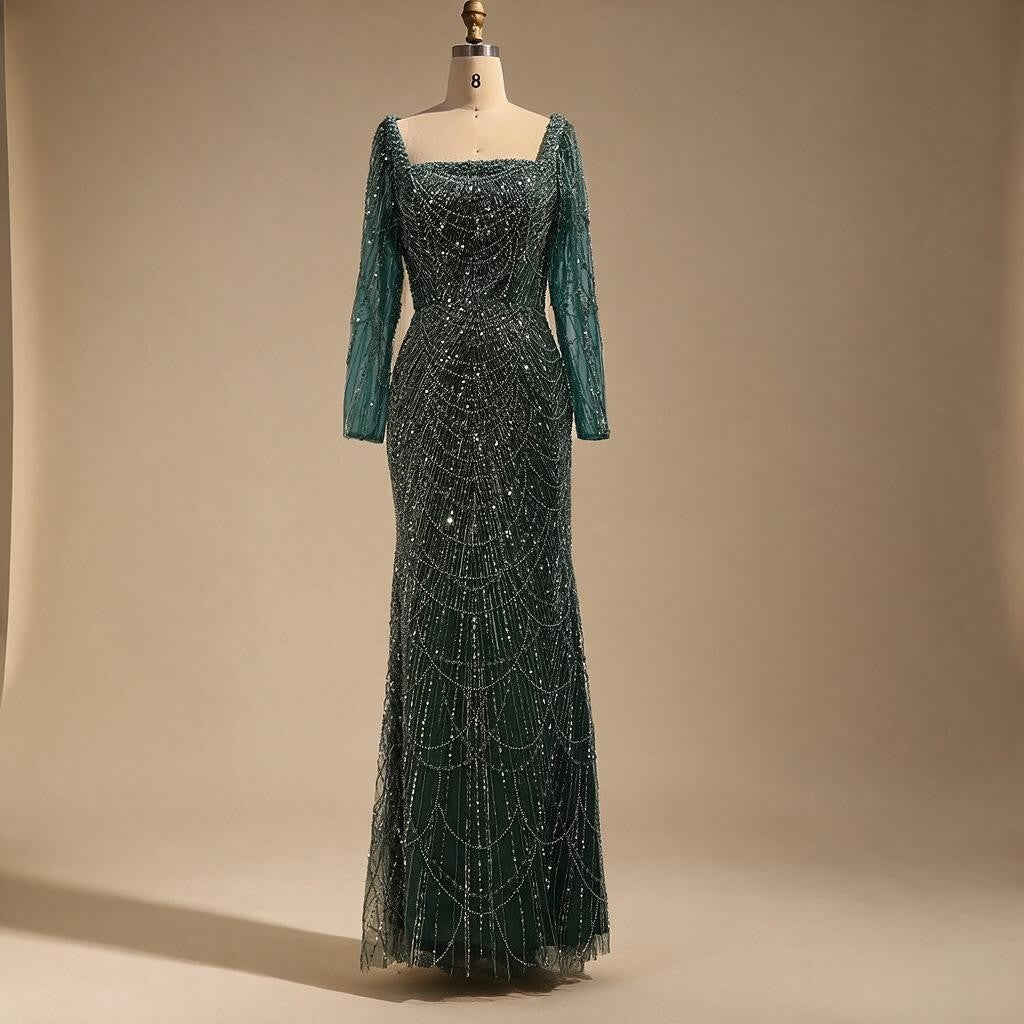 Zapdress Green Square Collar Long Sleeve Mermaid Pearls Beaded Evening Party Gown Overskirt Dress DLA72032N Customized (ZD17342)