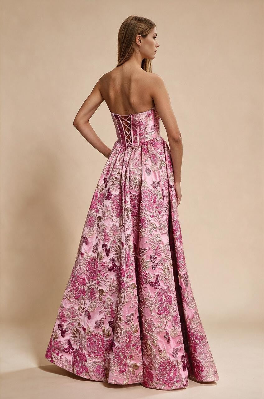 Long Pink Floral Jacquard Corset Prom Dress - view 3