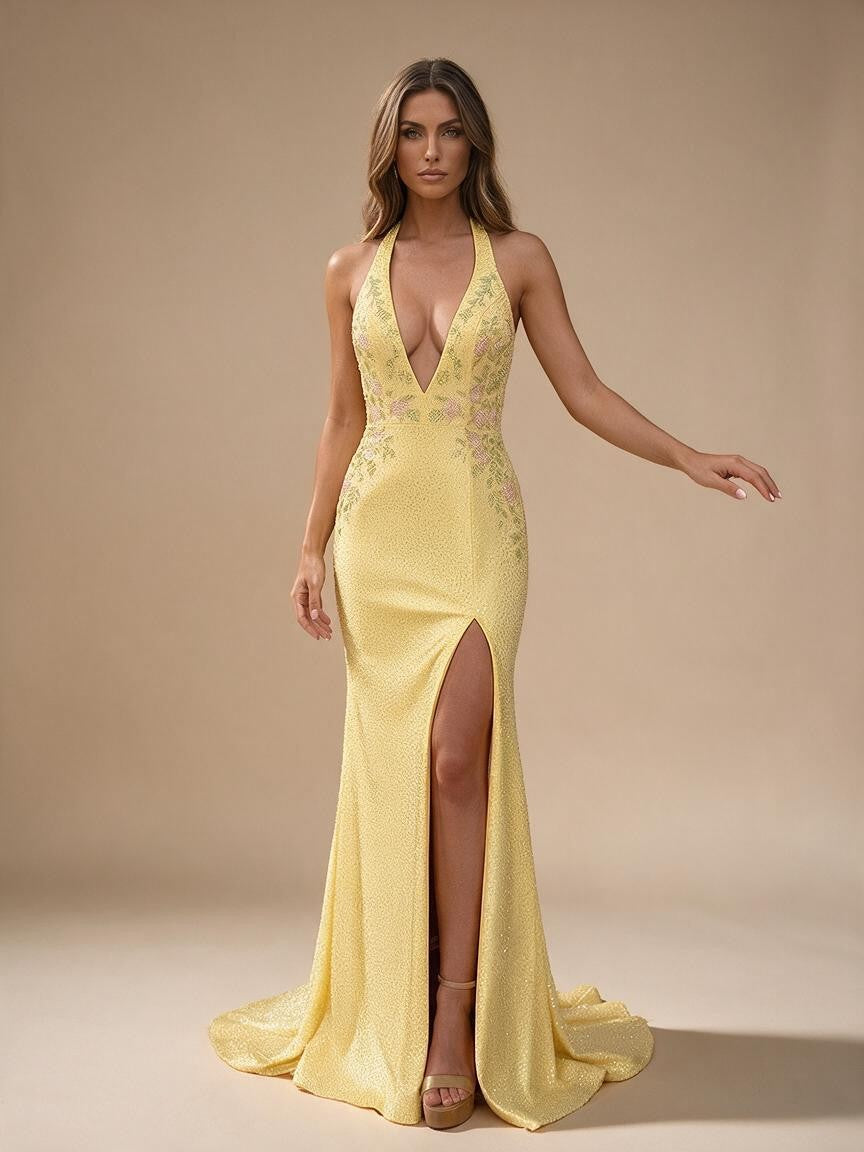 Sheath/Column Deep V Neck Halter Floor Length Prom Dress with Flower Sequin - view 3