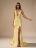 Sheath/Column Deep V Neck Halter Floor Length Prom Dress with Flower Sequin - view 3