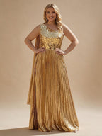 Metallic Satin Pleated One Shoulder Evening Dress Floor-Length Formal Gown - view 3