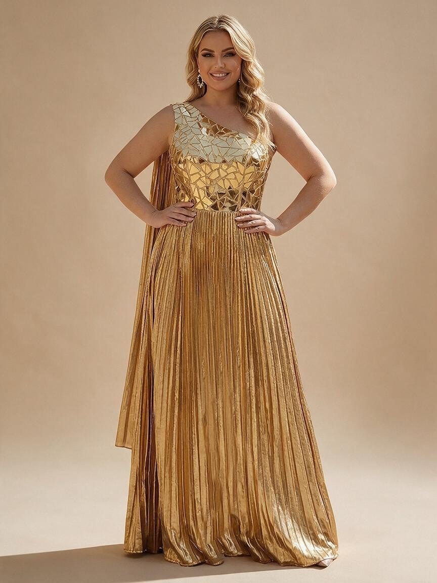 Metallic Satin Pleated One Shoulder Evening Dress Floor-Length Formal Gown - view 3