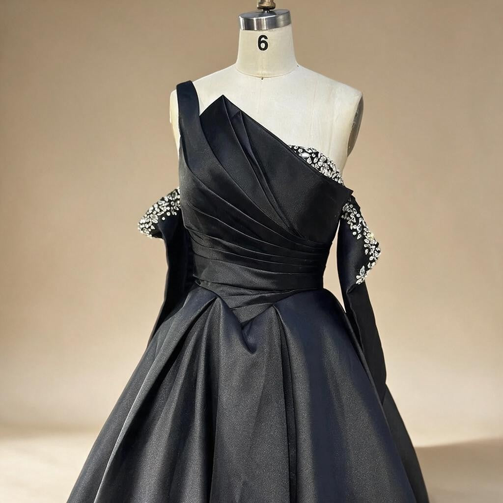 Zapdress 2025 Elegant Black One-Shoulder A Line Beaded Evening Dresses Gowns with Sleeveless For Party DLA72741 Customized (ZD17183)