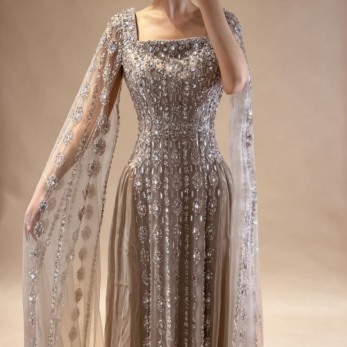 Zapdress Luxury Beaded Evening Gown Elegant Cape Sleeve Square Neck Muslim Wedding Party Dress 2026 DLA73272 Customized (ZD17380)