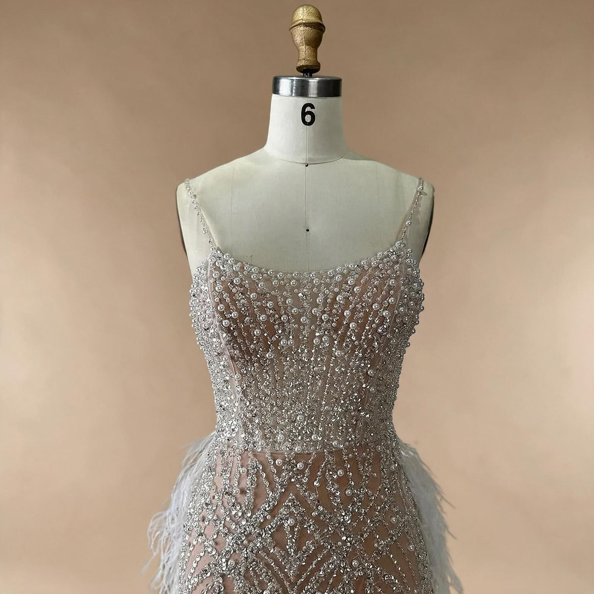 Zapdress White Nude Spaghetti Strap Feathers Beaded Mermaid Evening Dress Party Gown for Women DLA72823 Customized (ZD17377)