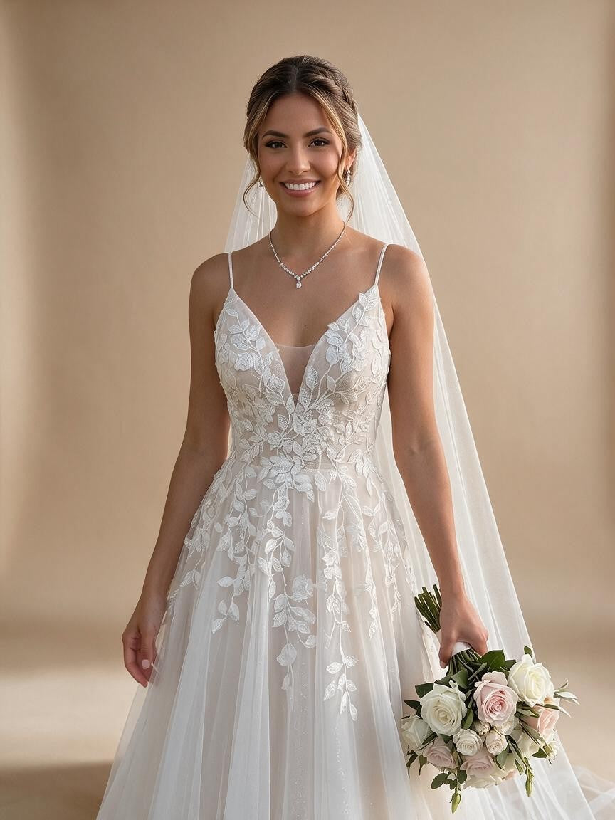 Spaghetti Strap V-Neck Lace Wedding Dress with Leaf Embroidery - view 3