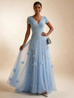 Light Blue Short-Sleeve Tulle Gown Evening Dress with 3D Flower V Neck Pleat Maxi Dress - view 3