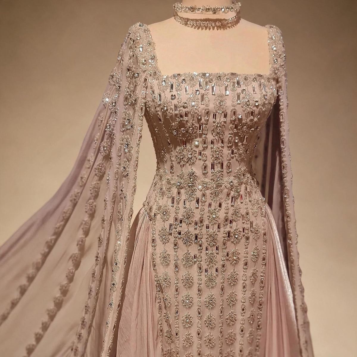 Zapdress Luxury Beaded Evening Gown Elegant Cape Sleeve Square Neck Muslim Wedding Party Dress 2026 DLA73272 Customized (ZD17380)