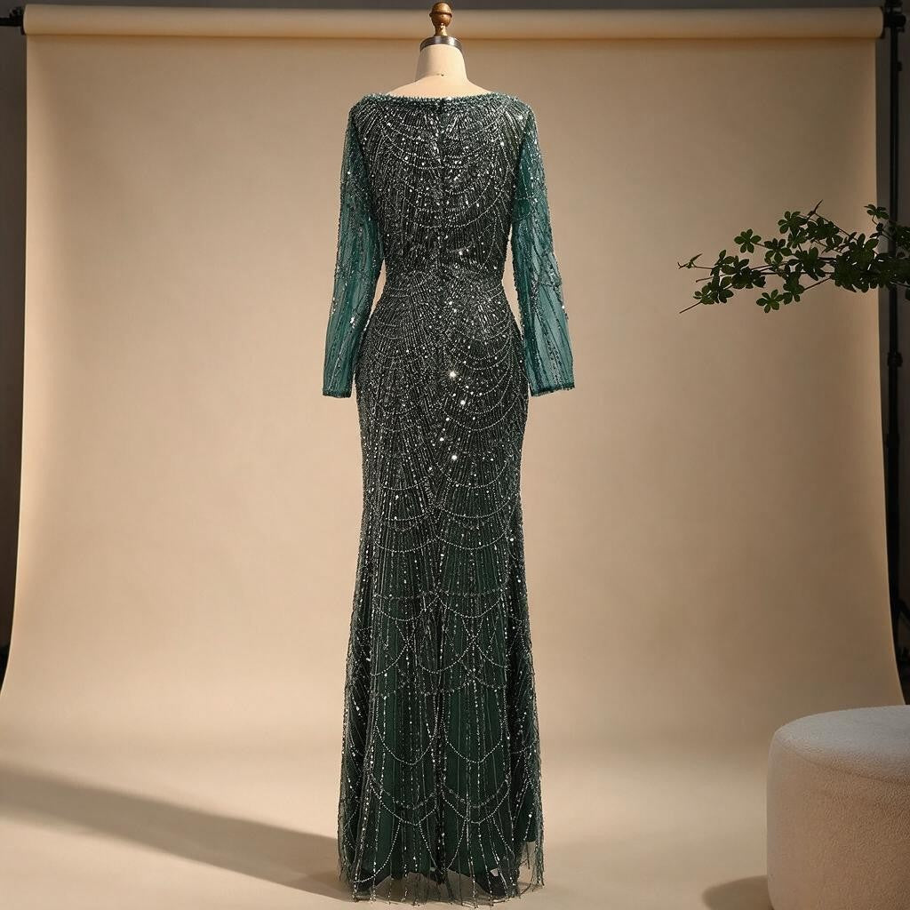 Zapdress Green Square Collar Long Sleeve Mermaid Pearls Beaded Evening Party Gown Overskirt Dress DLA72032N Customized (ZD17342)
