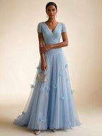 Light Blue Short-Sleeve Tulle Gown Evening Dress with 3D Flower V Neck Pleat Maxi Dress - view 4
