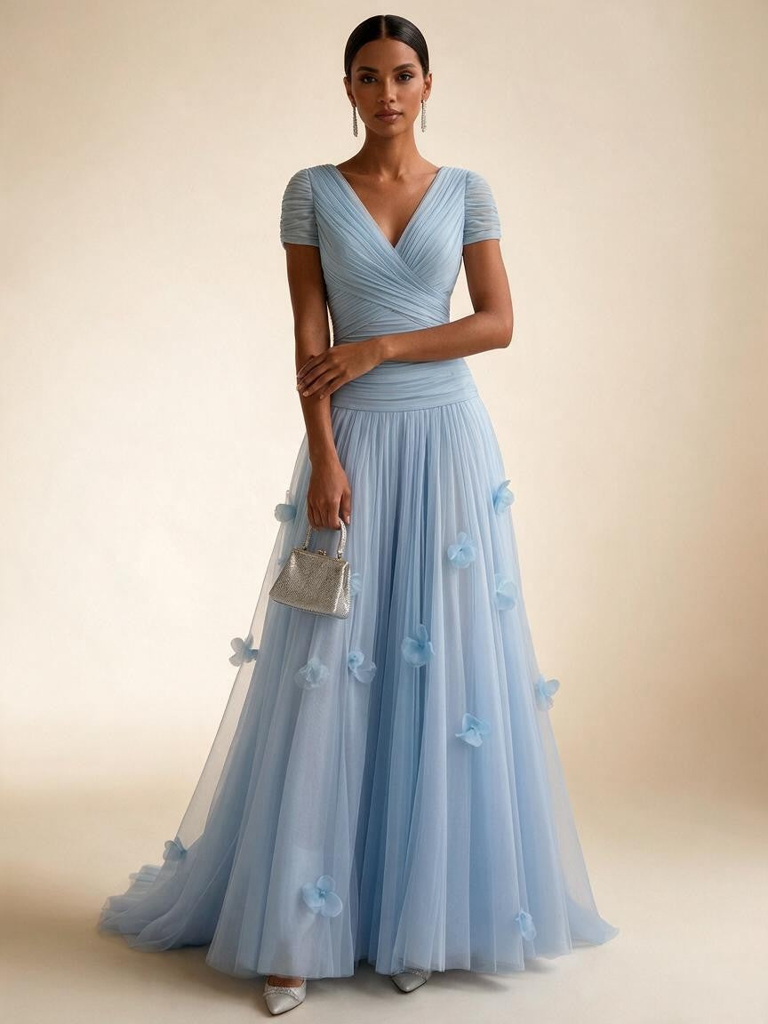 Light Blue Short-Sleeve Tulle Gown Evening Dress with 3D Flower V Neck Pleat Maxi Dress - view 4