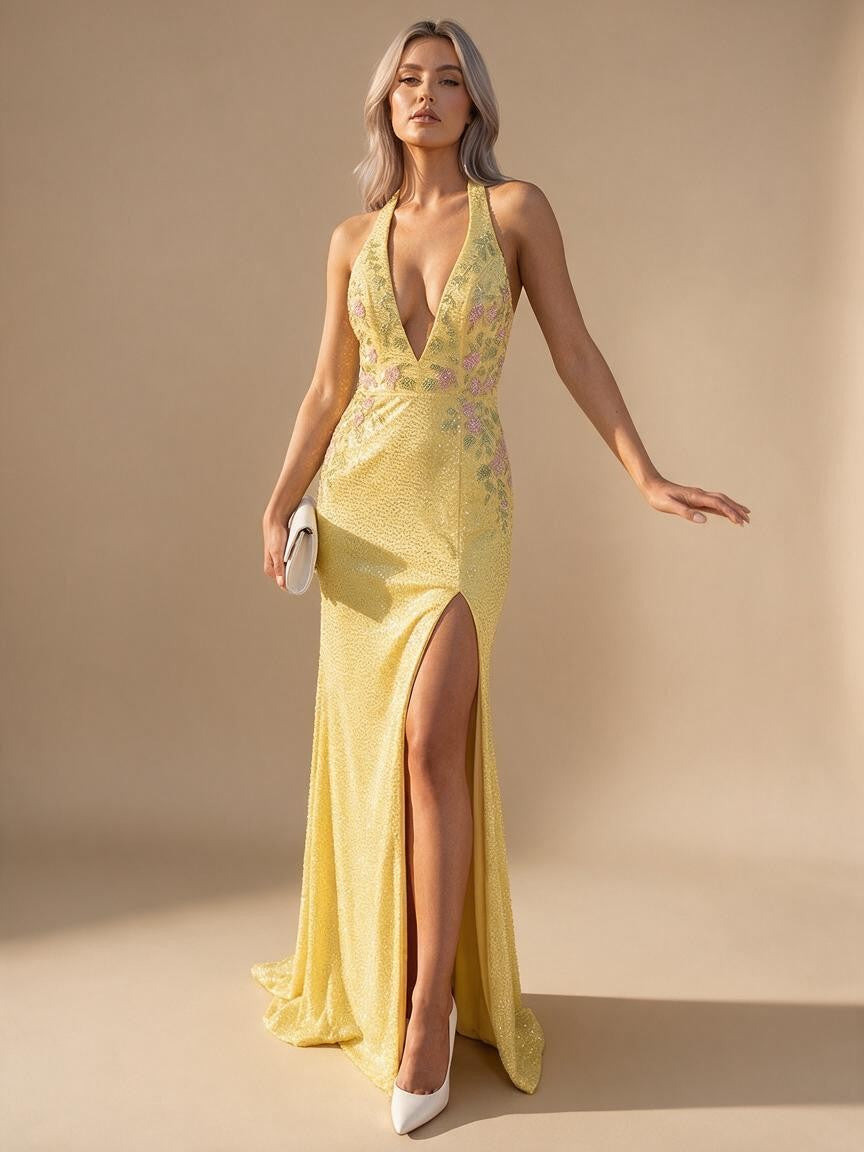 Sheath/Column Deep V Neck Halter Floor Length Prom Dress with Flower Sequin - view 4