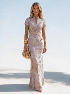 Jacquard Sheath/Column V-Neck Floor-Length Mother of the Bride & Groom Dresses with Ruched Waist - Blush Pink
