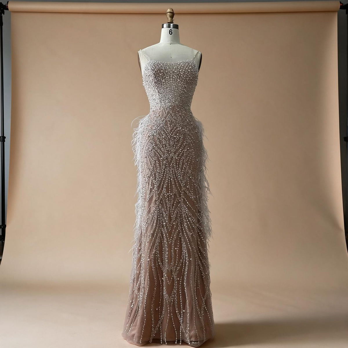 Zapdress White Nude Spaghetti Strap Feathers Beaded Mermaid Evening Dress Party Gown for Women DLA72823 Customized (ZD17377)