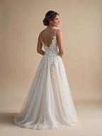 Spaghetti Strap V-Neck Lace Wedding Dress with Leaf Embroidery - view 4