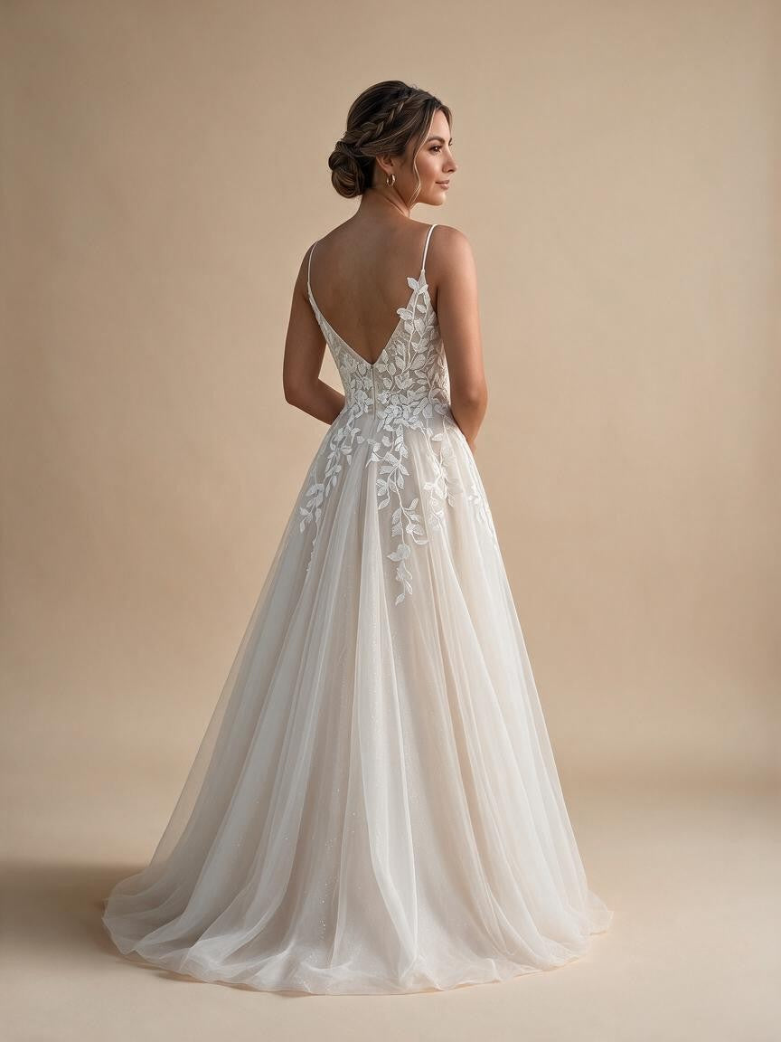 Spaghetti Strap V-Neck Lace Wedding Dress with Leaf Embroidery - view 4