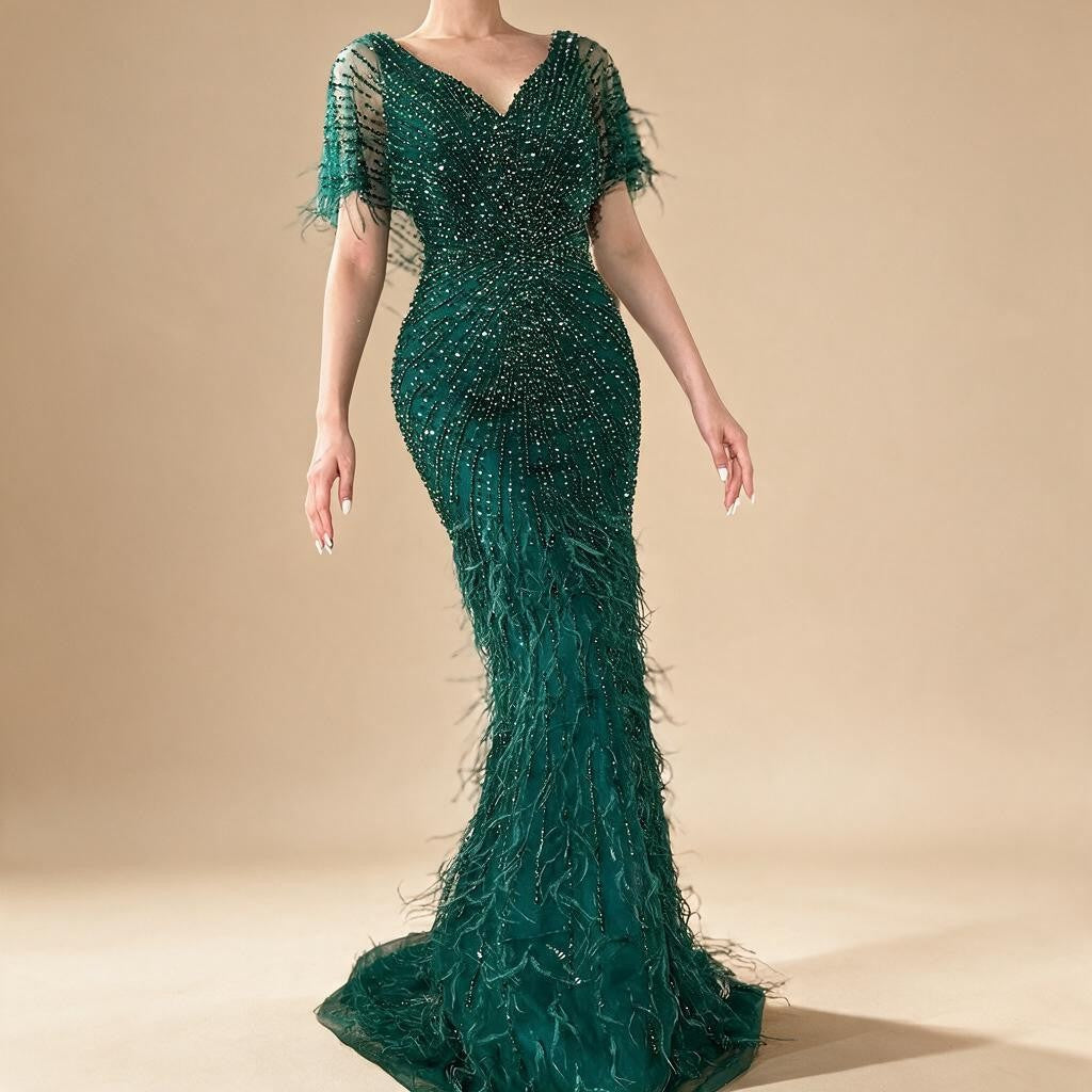 Zapdress Brown Mermaid Beaded Feathers Evening Dresses Elegant Party Gowns for Women DLA71323 Customized (ZD17329)