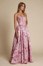Long Pink Floral Jacquard Corset Prom Dress - view 4