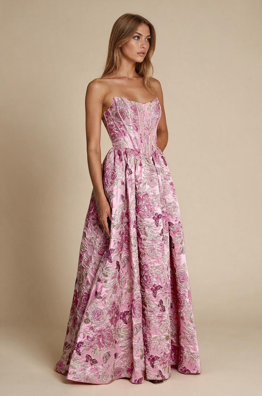 Long Pink Floral Jacquard Corset Prom Dress - view 4