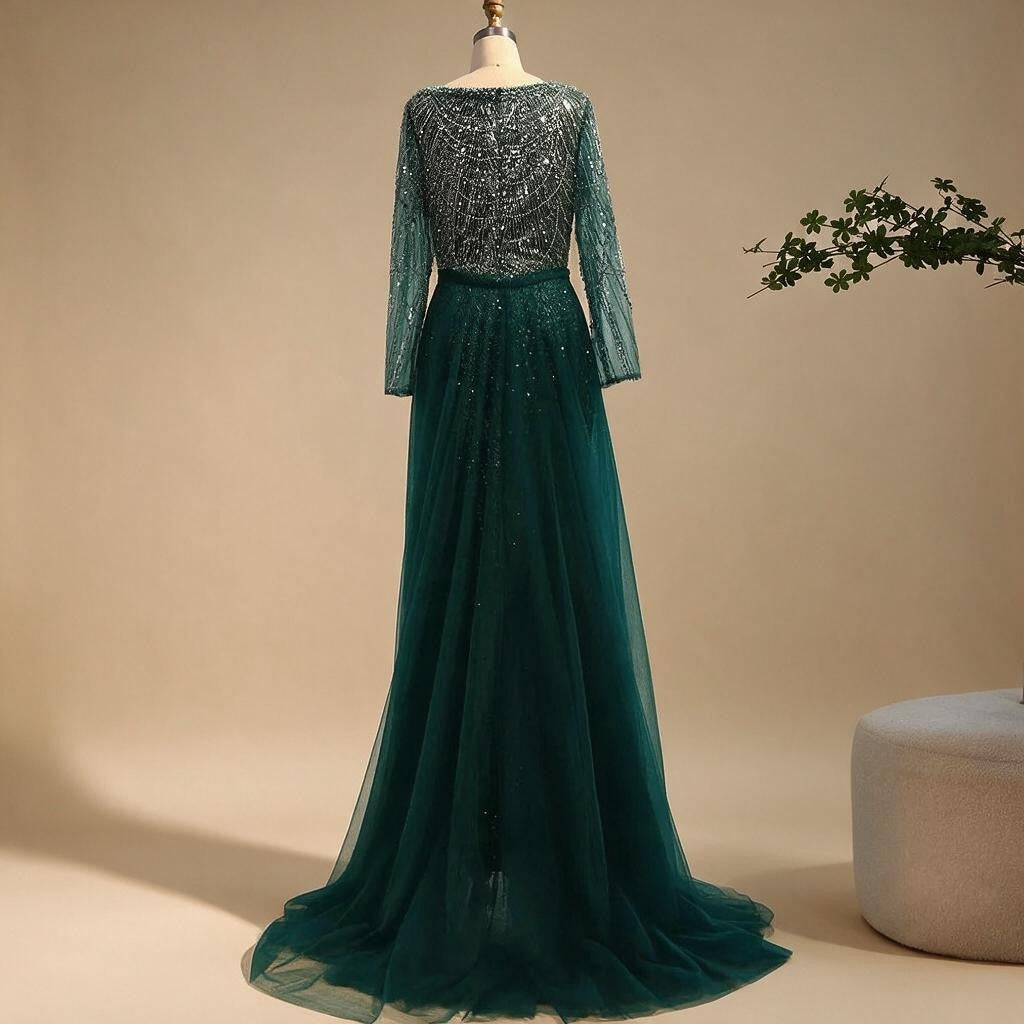 Zapdress Green Square Collar Long Sleeve Mermaid Pearls Beaded Evening Party Gown Overskirt Dress DLA72032N Customized (ZD17342)