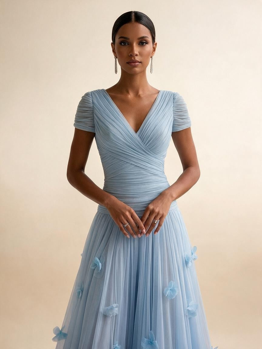Light Blue Short-Sleeve Tulle Gown Evening Dress with 3D Flower V Neck Pleat Maxi Dress - view 5