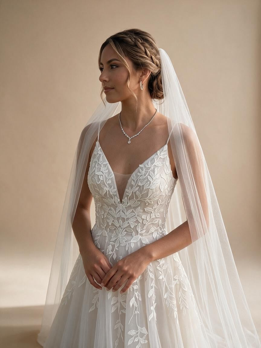 Spaghetti Strap V-Neck Lace Wedding Dress with Leaf Embroidery - view 5