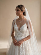 Spaghetti Strap V-Neck Lace Wedding Dress with Leaf Embroidery - view 5