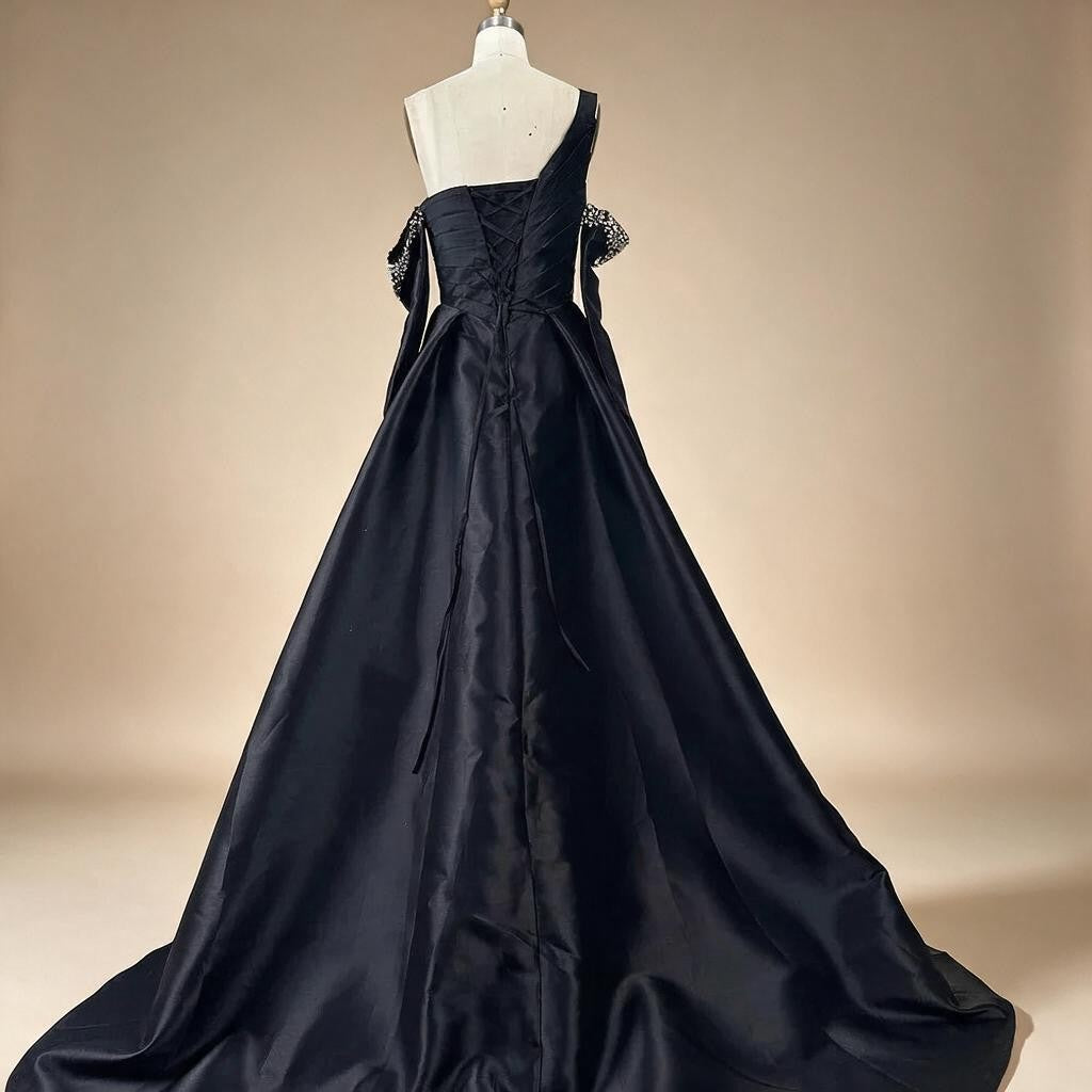 Zapdress 2025 Elegant Black One-Shoulder A Line Beaded Evening Dresses Gowns with Sleeveless For Party DLA72741 Customized (ZD17183)